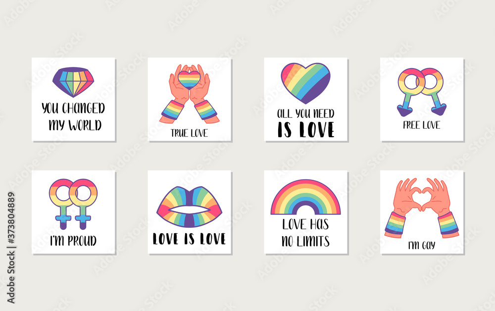 Social LGBT posters, banners with gay and lesbian pride symbols, rainbow. Pride month. Flat vector illustration. Lesbian gay bisexual transgender concept. Design element for Valentines cards or etc.