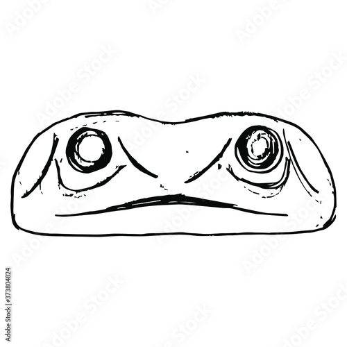 Stylized funny face of a frog. Native American art of Haida Indians. Hand drawn rough sketch. Black and white silhouette.