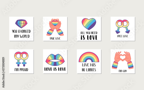 Social LGBT posters, banners with gay and lesbian pride symbols, rainbow. Pride month. Flat vector illustration. Lesbian gay bisexual transgender concept. Design element for Valentines cards or etc.