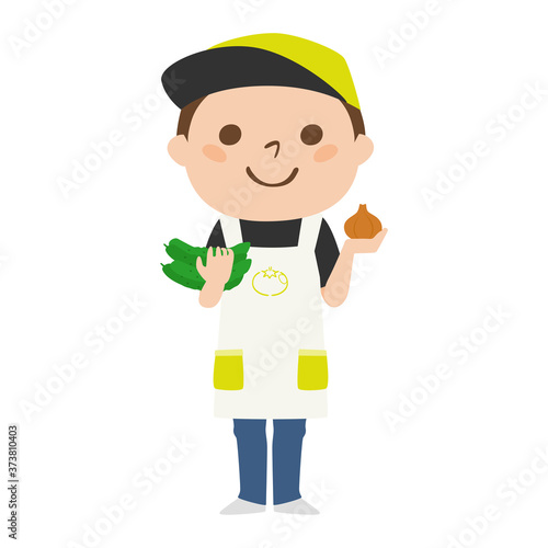 キュウリと玉ねぎを持った男性の八百屋さんのイラスト。