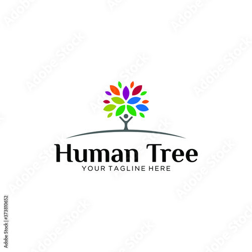 Coloured logotype template. Abstract colorful label. Silhouette of roots, trunk and leaves. Healthcare or environmental product eco or teamwork job graphic sign. Natural goods industry emblem idea.