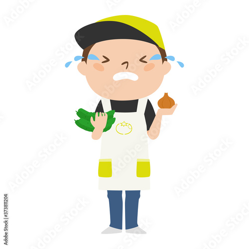 泣いてる八百屋さんの男性のイラスト。