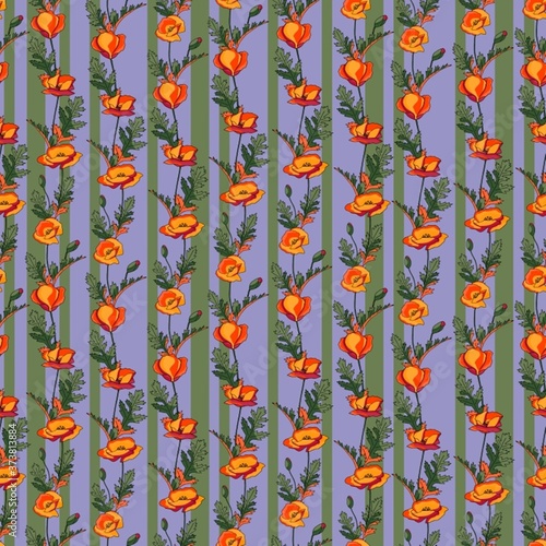 Poppies stripped seamless pattern. Abstract poppy seamless pattern for textile design. Floral seamless vector pattern. Graphic modern pattern. Vector illustration background. Vector design print