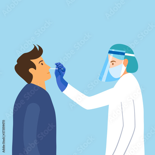 Covid-19 coronavirus testing carried out by a medical professional staff, doctor or nurse. Patient receiving a coronavirus test. DNA test by nose swap probe at hospital in flat design vector.