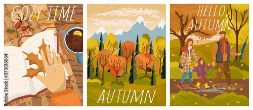 Autumn mood. Vector set of hand drawn illustrations. Fall season posters, Family with kid in a park, nature autumn forest landscape, stay at home with hot tea and book