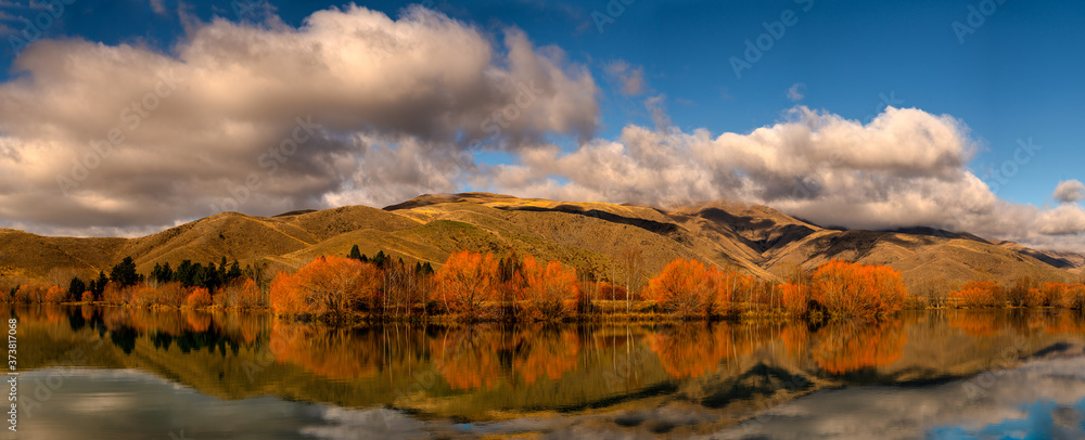 Autumn colour in the lakeside trees under a blanket of cloud at Wairepo Arm Twizel