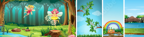 Four different scene of fantasy world with fantasy places and fantasy characters such as fairies