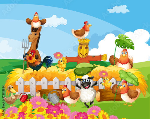 Farm scene with animal farm cartoon style