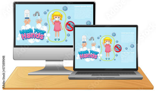 Set of electronic devices with hand wash on screen