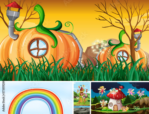 Four different scene of fantasy world with fantasy places and fantasy charact...
