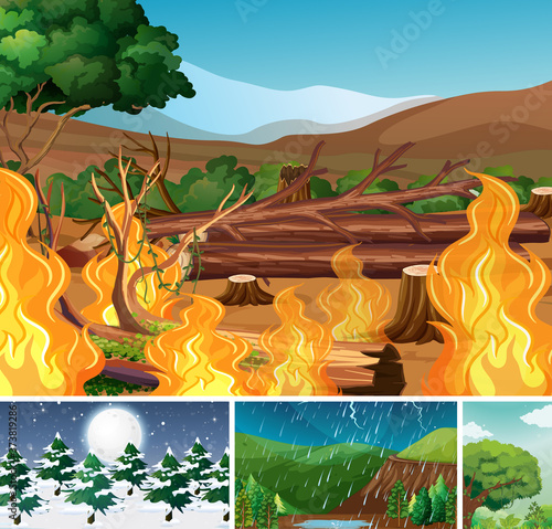 Four different nature disaters scene of forest in different seasons cartoon s...