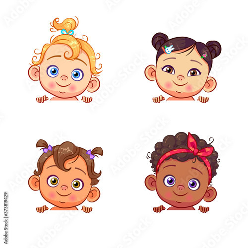 Baby girls of different races and nationalities with banners in their hands.