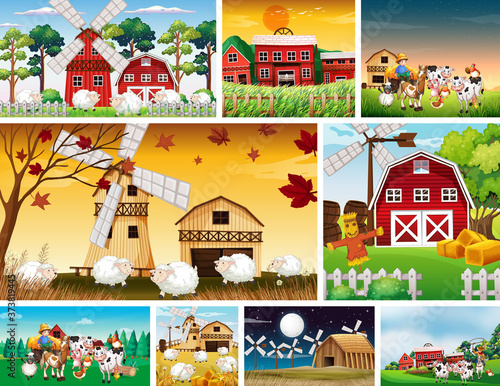 Set of different farm scenes with animal farm cartoon style