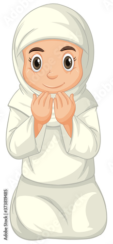 Arab muslim girl in traditional clothing praying sitting position isolated on white background