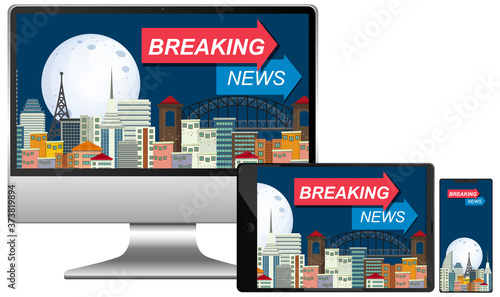 Set of breaking news on different electronic gadget screens isolated