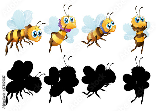 Set of insect cartoon character and its silhouette on white background © GraphicsRF