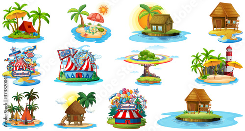 Set of different bangalows and island beach theme and amusement park isolated on white background photo