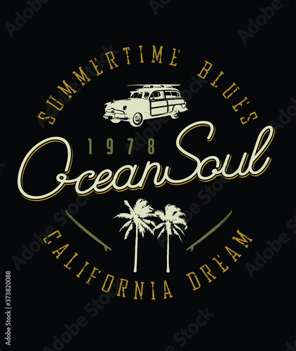 Colorful vector illustration of surfer car with text around it, palm trees and surfboards.