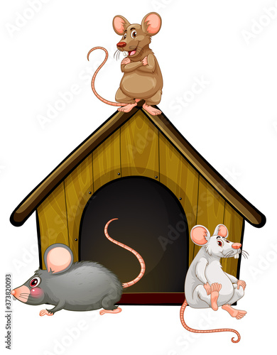 Group of cute mouses with little house isolated on white background