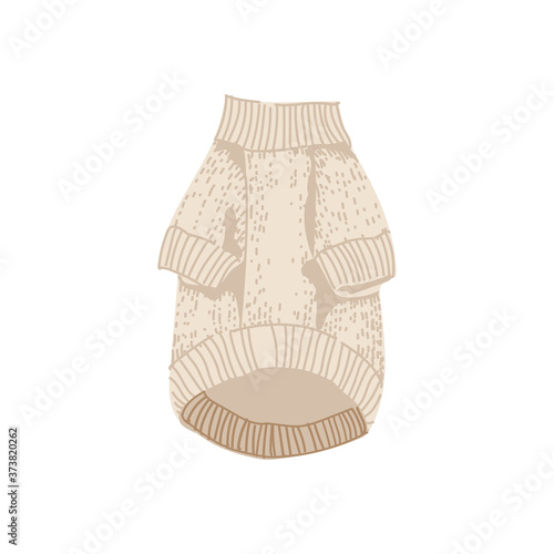 Cozy warm sweater. Knitted wool casual outfit, white pullover, pet animal clothes cartoon vector illustration isolated on white background