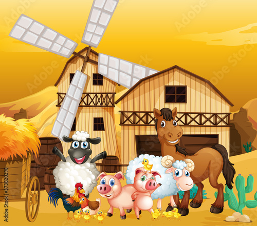 Farm scene in nature with barn and windmill and cute animal