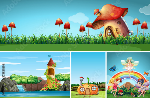 Four different scene of fantasy world with beautiful fairies in the fairy tale
