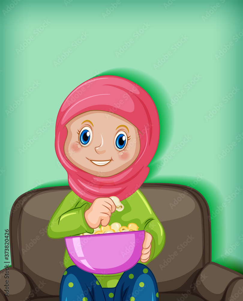 Female muslim cartoon on character eating popcorn Female muslim cartoon on character eating popcorn