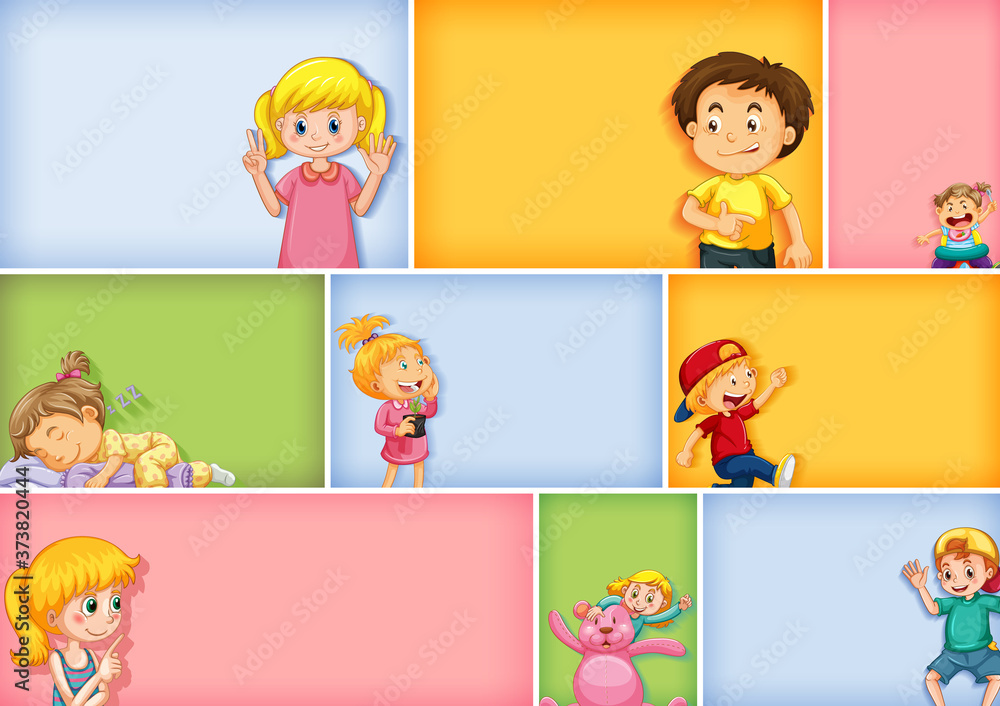 Set of different kid characters on different color background Set of different kid characters on different color background