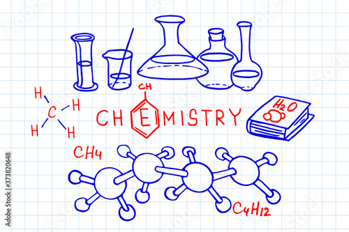 Chemistry. Vector doodle set. Hand drawn cartoon background of Science theme от workbook page.