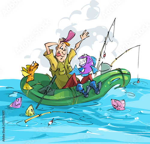 Fisherman and fish. A fisherman caught a piranha.