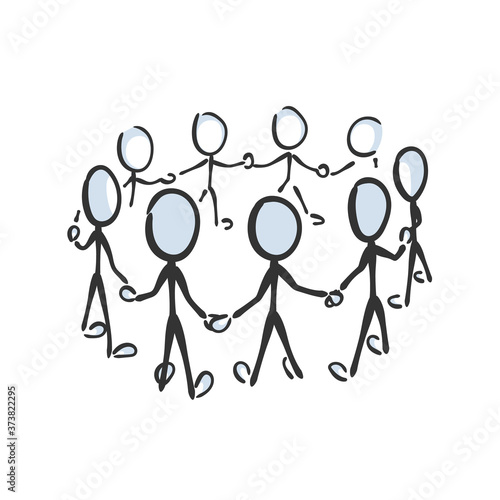 People circle, community human chain holding hands. Vector simple team unity, social activist group. Teamwork society. Stickman no face clipart cartoon. Hand drawn. Doodle sketch, graphic illustration