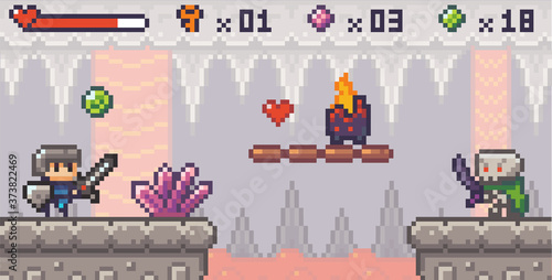 Pixel game interface. Knight throwing green bombs into skeleton. Unstable platform with bonus life and lava fire over boiling magma. Life scale, key, green pink bombs, balls. 8-bit mobile game of 80s