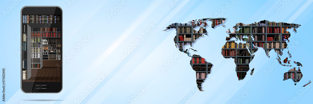 Online library concept. Bookstore. Banner with a mobile phone and a world map on the background of bookshelves in the library. Place for your text. Online library concept. Bookstore. Banner with a mobile phone and a world map on the background of bookshelves in the library. Place for your text.