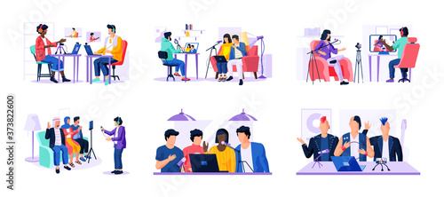 Podcast live streaming, broadcast. Music radio show or audio blog. Male and female social media network bloggers collaboration. Vloggers podcasting, broadcasting. Interview, video recording in studio.