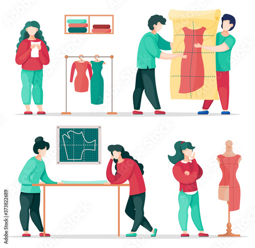 Set of illustrations. Designers working at sewing workshop or in atelier. Woman stylist stand near rack with new dresses. Woman near mannequin with unfinished dress. People discussing tailor pattern