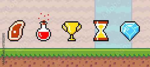 Pixel art game background with reward object in the air. Game scene with grass platform and valuable prizes important to the player, object symbols steak, potion bottle, golden cup, sandglass, diamond