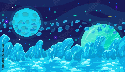 Space planet in pixel art. Background of space planet. Ice landscape with mountains, planet and stars. Pixelated location for game or application. 8 bit video game. Galaxy area with few planets