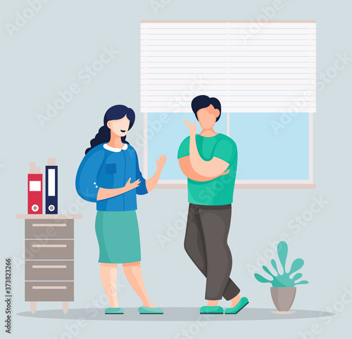 Two vector office characters communicating with each other. Colleagues discussing and talking. Man and woman standig near window with jalousie and office chest with folders on it. Flat style