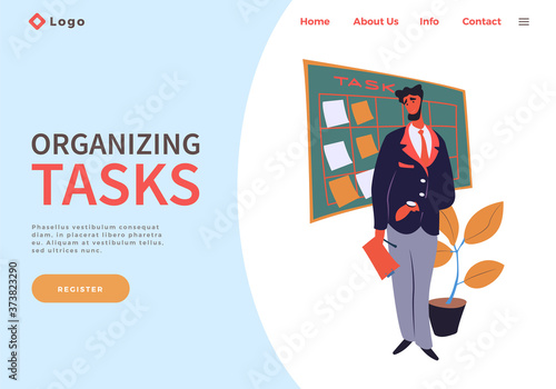 Website concept. Executive businessman standing near board with work tasks, holding clipboard in hand. Effectively organizing tasks, make notices. Appointments, planning events, notices on stickers