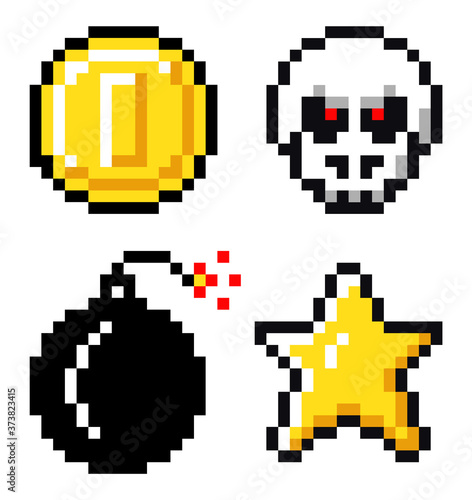 Set of coin, skeleton with red eyes, bomb, star. Pixelated vector elements, 8bit objects. Symbols for mobile, computer game, videogame of 80s isolated at white background. Pixel game, retro design