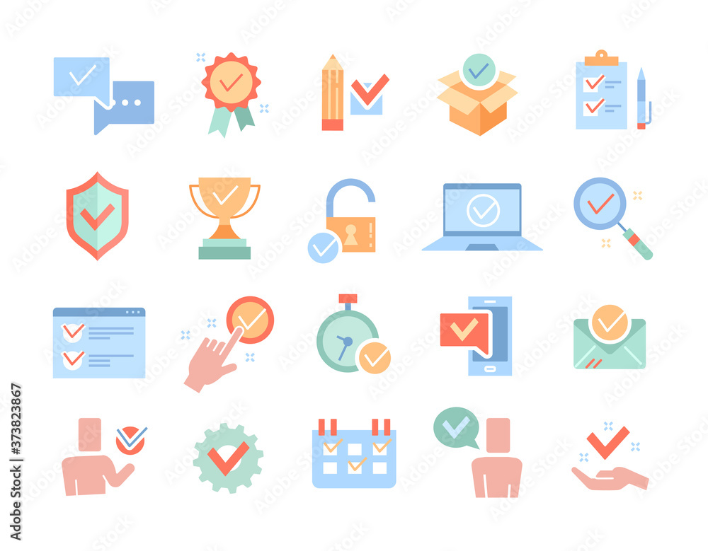 Large set of point icons with check marks for communication, search, calendar, sport, business and time management , colored vector illustration