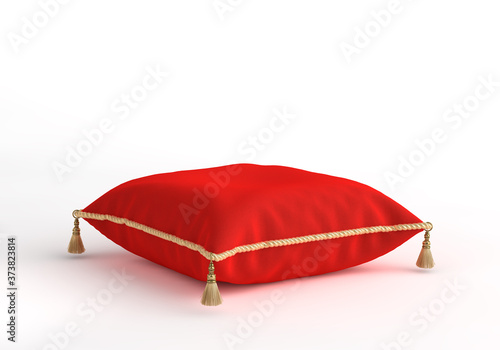 3d-illustration velvet decorative royal pillow with gold tassel and piping isolated side top view