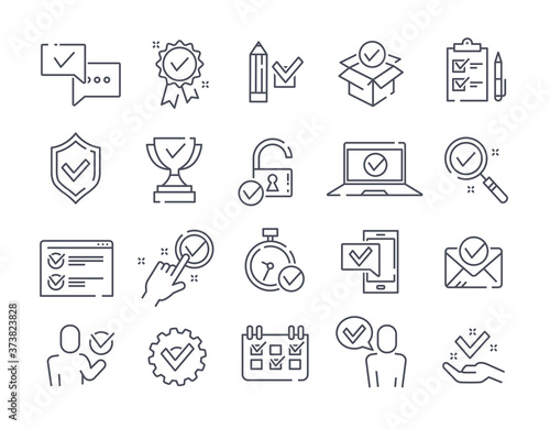 Large set of point icons with check marks for communication, search, calendar, sport, business and time management , black and white vector illustration