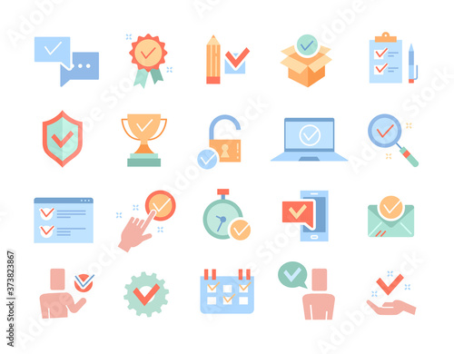 Large set of point icons with check marks for communication, search, calendar, sport, business and time management , colored vector illustration