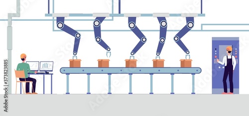 Smart factory robotic automatic conveyor system banner flat vector illustration.