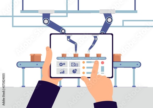 Automated robot arm conveyor belt machine assembly line and tablet app