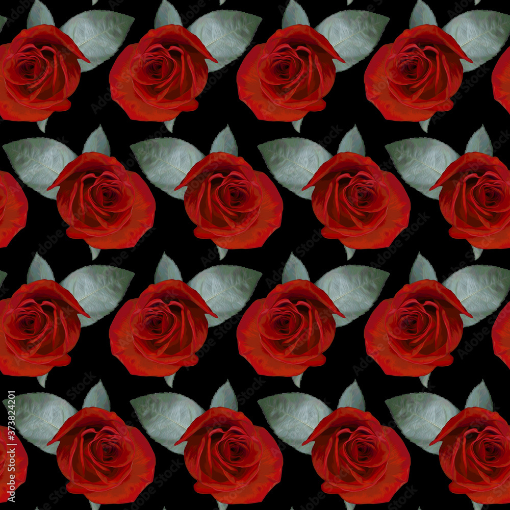 Seamless pattern with red rose flowers and green leaves on black background. Endless colorful floral texture. Raster illustration. Seamless pattern with red rose flowers and green leaves on black background. Endless colorful floral texture. Raster illustration.