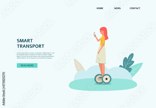 Smart city transport with woman on gyroscooter flat vector illustration isolated.