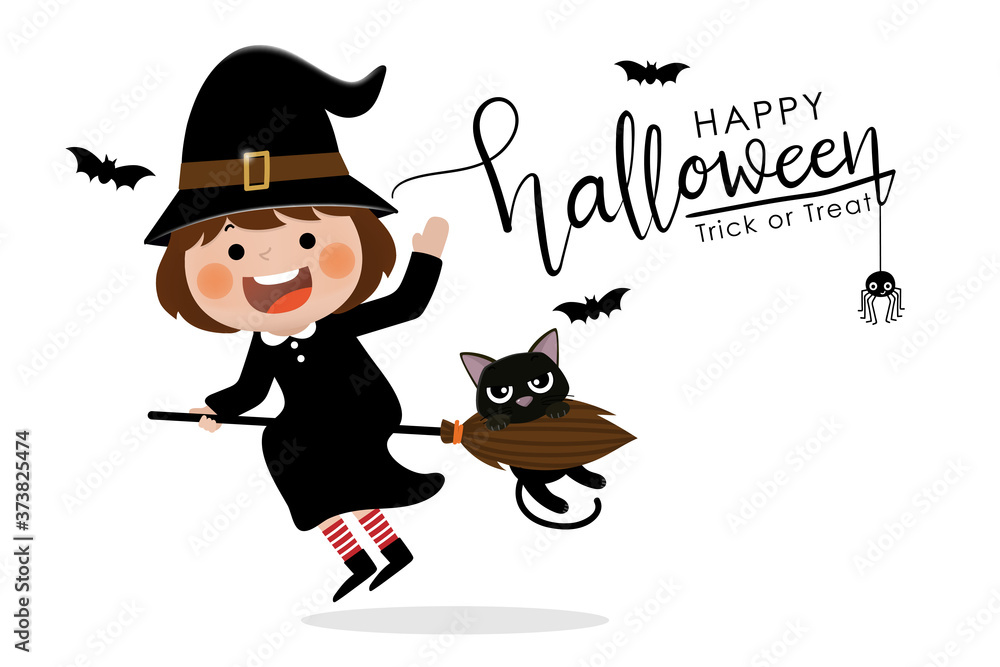 Happy halloween greeting card with cute witch, little owl and black cat. Holidays cartoon character vector Happy halloween greeting card with cute witch, little owl and black cat. Holidays cartoon character vector