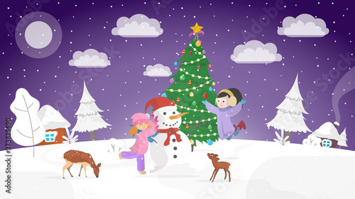 New year s night. Winter. Children make a snowman. Elegant Christmas tree. Vector.